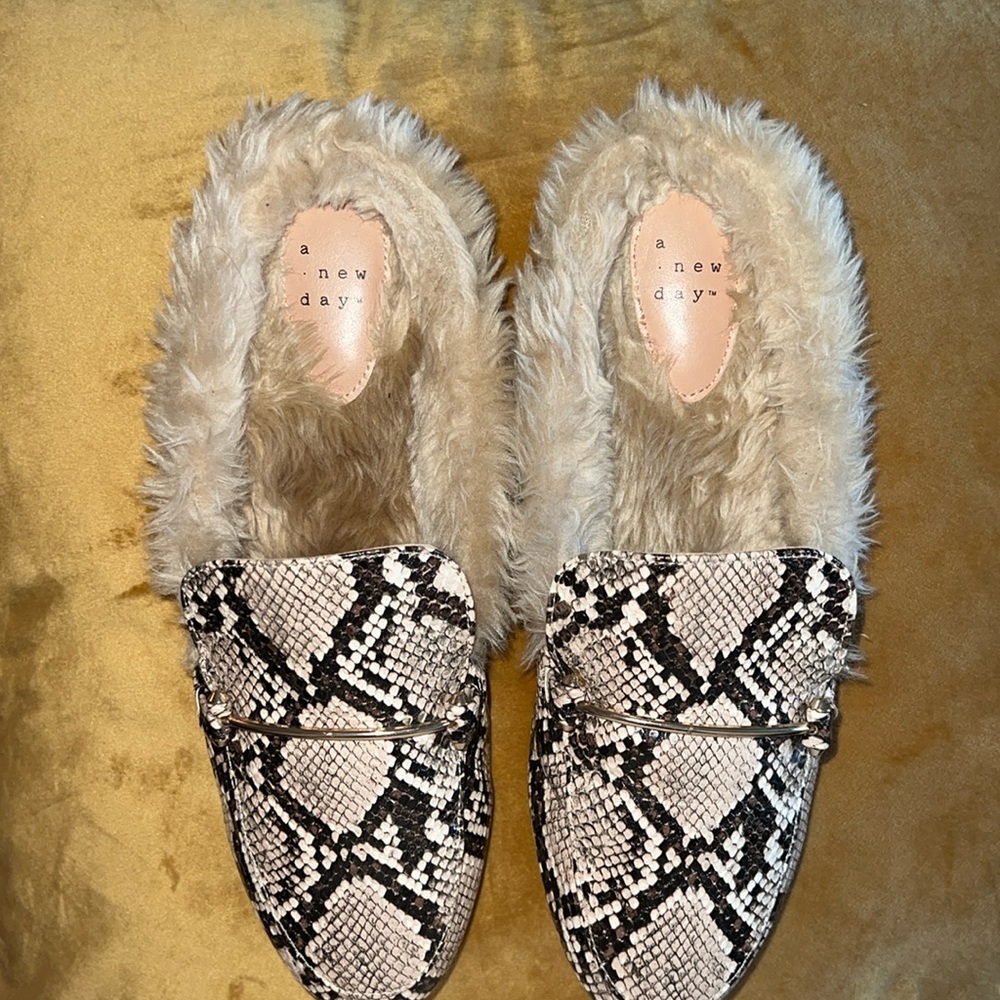 a new day faux fur lined mules shoes snakeskin